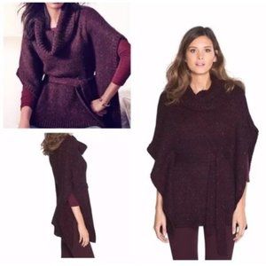 White House Black Market Poncho Sweater Mohair Wool Marled Knit Belted Metallic